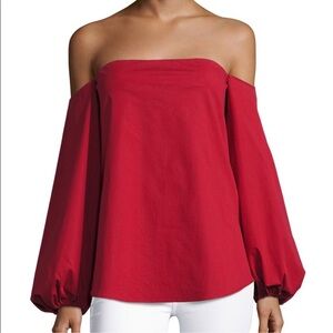 Theory Red Off-Shoulder Balloon Sleeve Blouse